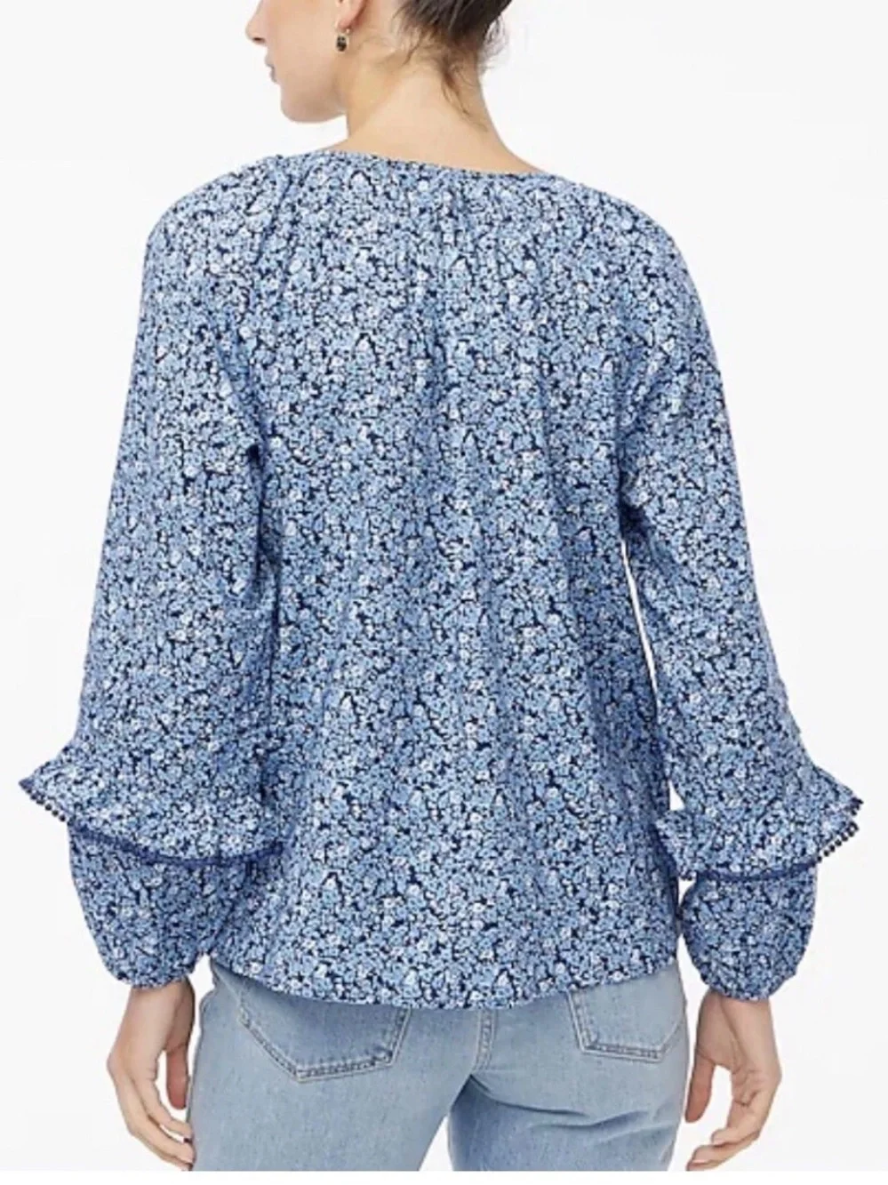 J. Crew Blue Micro-Floral Split V-Neck Blouse Sz M